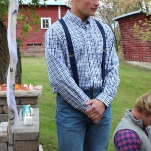 Duluth Trading Co navy and blue checkered button down